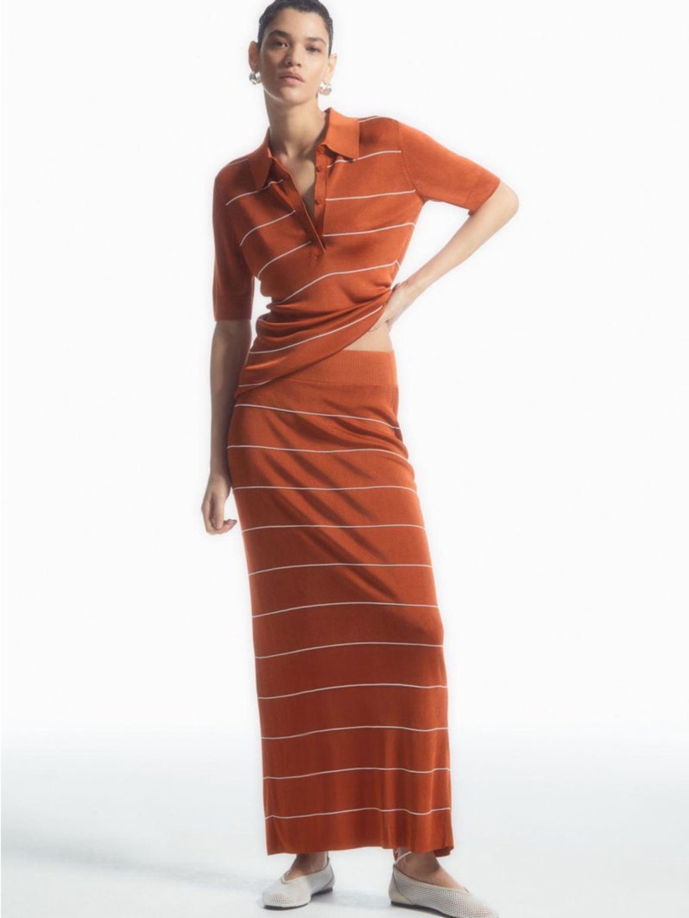 COS Striped Knitted Polo Shirt & Maxi Skirt Matching Set – Rust / White Size S
